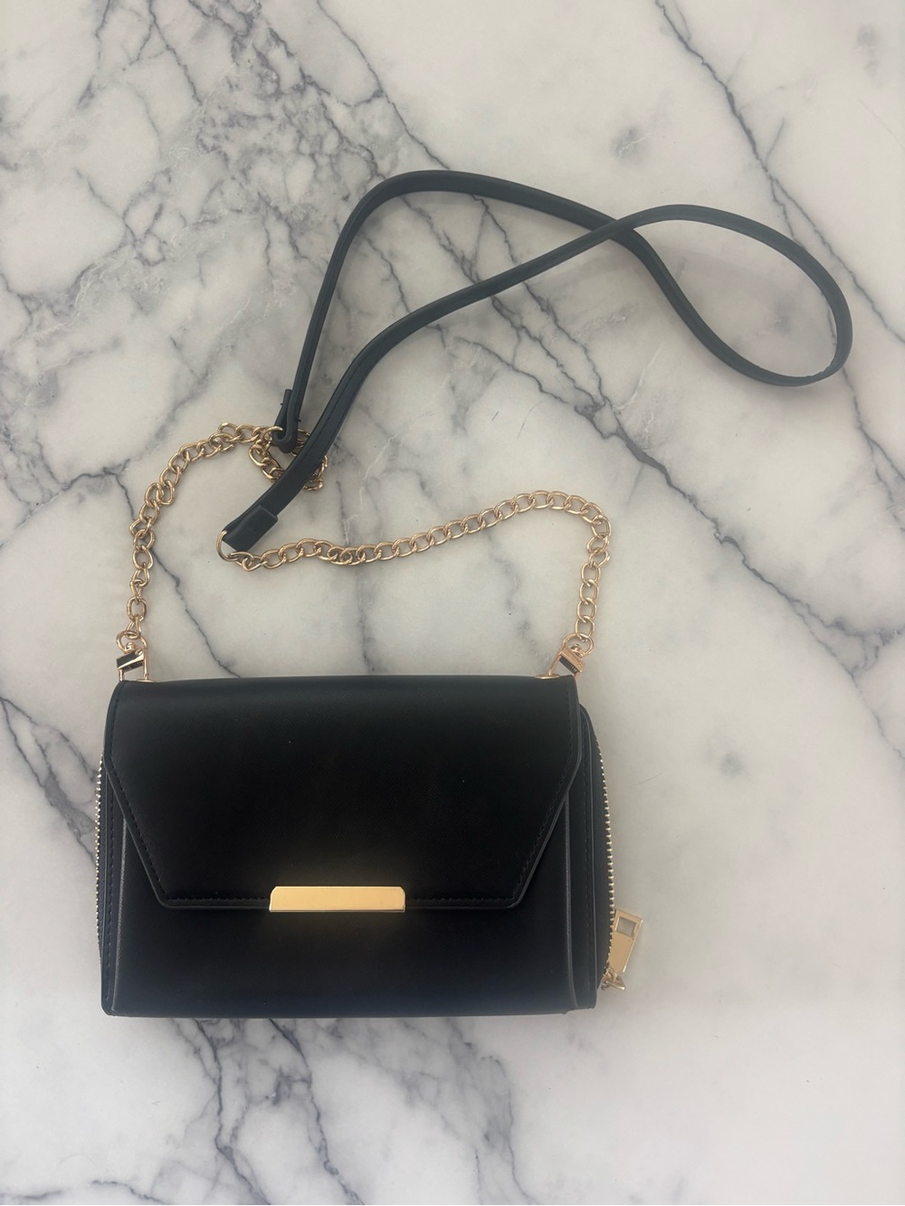 Black Crossbody Bag with Gold Chain Accent
